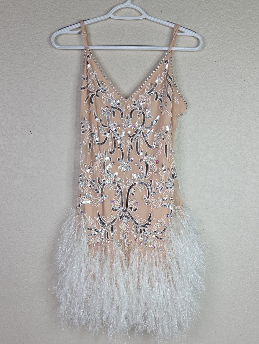 Beaded Feather Hem Nude Cocktail Dress - Picture 1 of 7